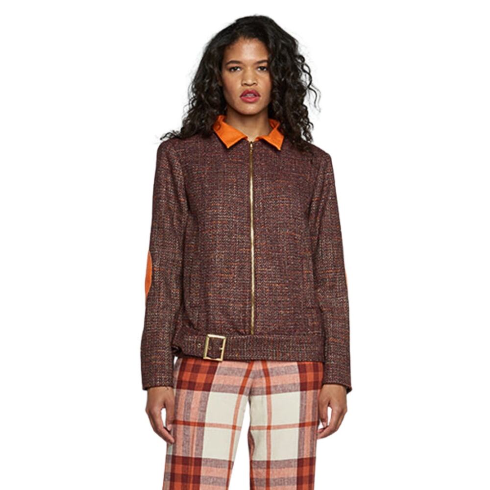 Deborah Ann Mack Jacket Womens Size 8 Red Orange Wool Tweed Leather Bomber Retro